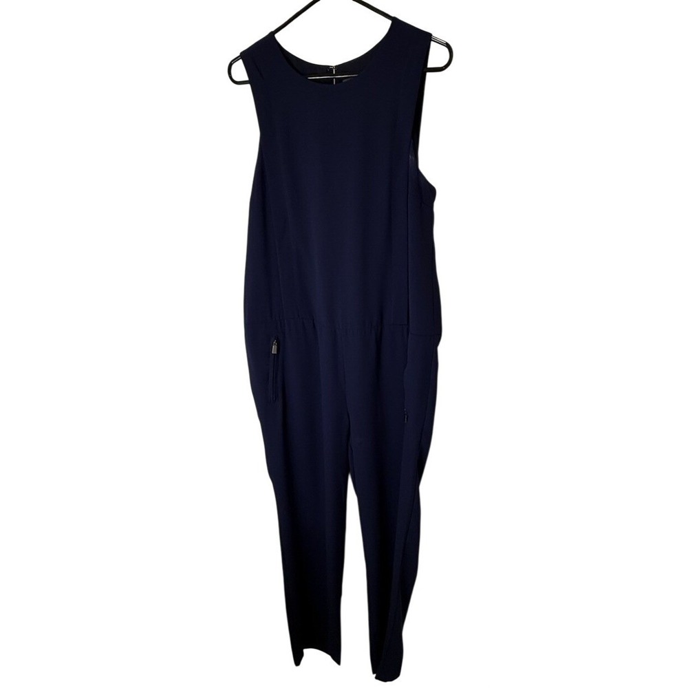 Vince‎ Camuto 12 Navy Blue Keyhole Neck Crepe Pant Jumpsuit Pockets Career wear
